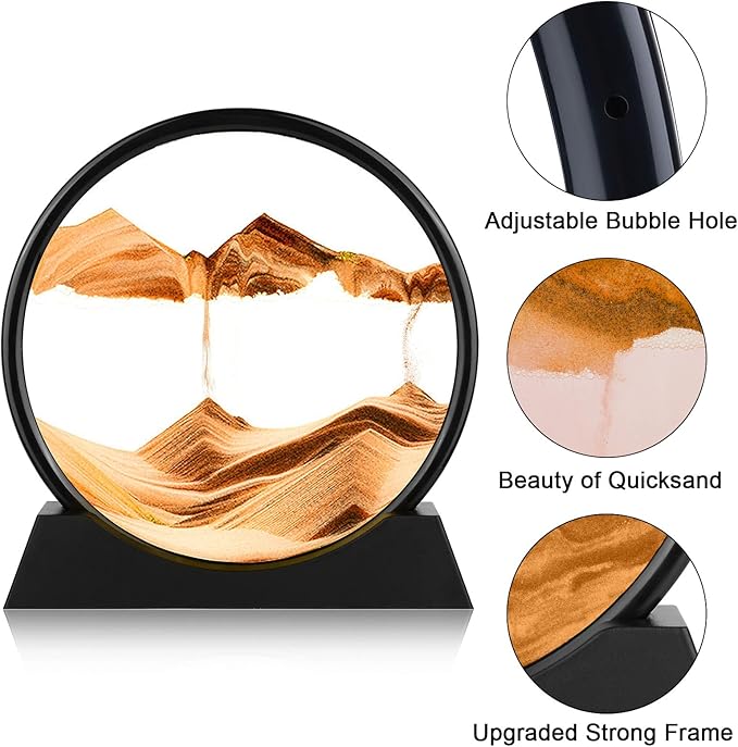 Moving Sand Art Picture - 3D Quicksand Painting Decor - Round Glass 3D Deep Sea Sandscape - Relaxing Home Decoration Desk Toys for Home Office Desk Mantle Bookshelf- (Yellow, 7 in)