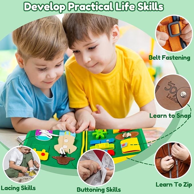 Qizfun Busy Board Montessori Toy for Toddlers, Educational Sensory Learning Toy for Fine Motor Skills, Preschool Travel Toy for Airplane & Car, Gifts for Boys and Girls