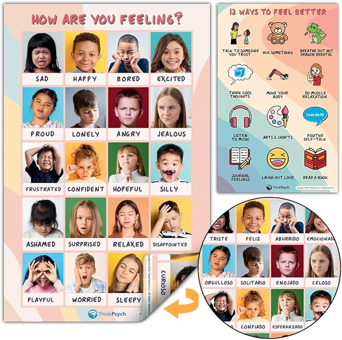 2 Laminated Feelings Posters for Kids - English & Spanish - Calm Down Corner Supplies - Therapy & School Counselor Supplies - Emotions Posters for Home and Calming Corner Classroom