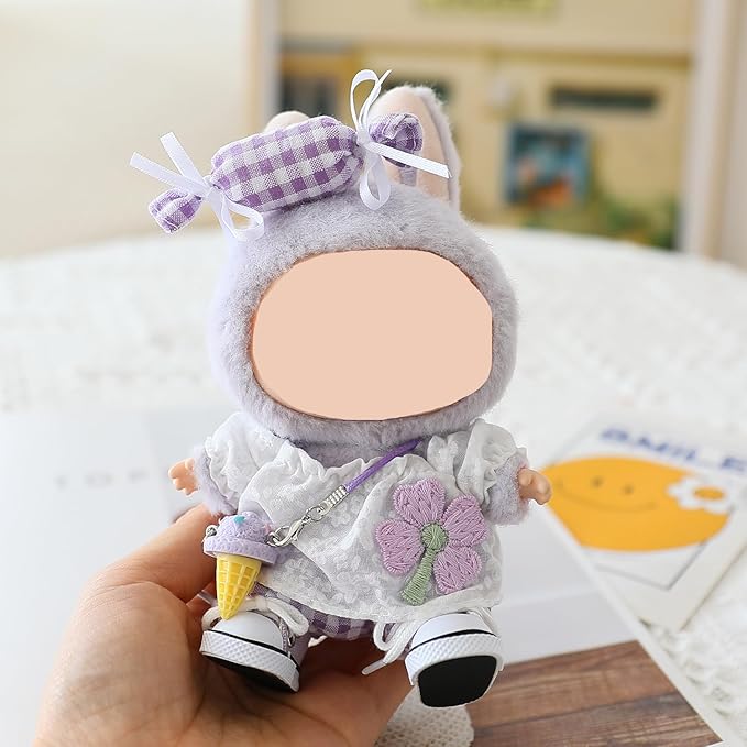 Clothes for Labubu Doll,Clothes for Dolls Accessories,Four-Leaf Clover Candy Summer Replacement Outfit Set 5 Pieces Suitable for Labubu 15&17cm ,Adorable Dress-Up Accessories for Doll (Purple)