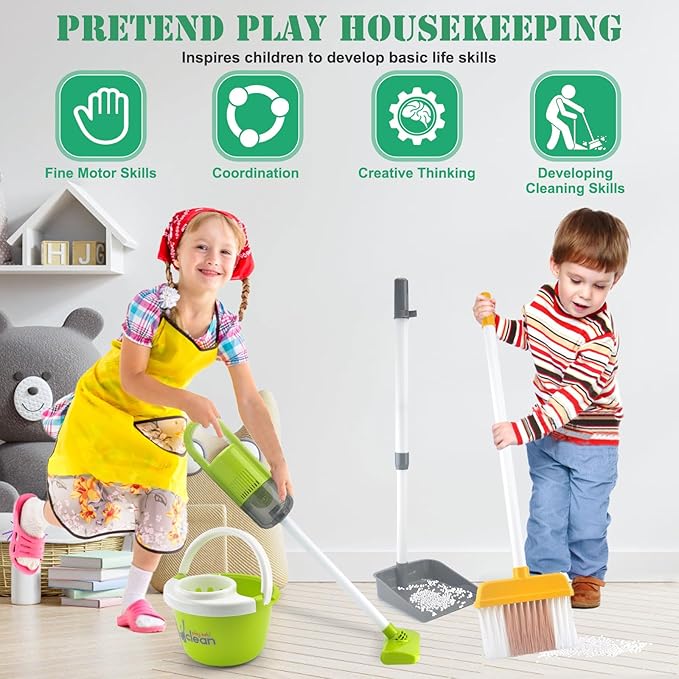 Toddler Cleaning Set, Kids Cleaning Toy Set with 2 in 1 Kids Vacuum That Really Works, Mop, Broom, 14Pcs Pretend Play Home Cleaning Playset for Toddler Ages 3+, Birthday Gift for Girls Boys (Red)