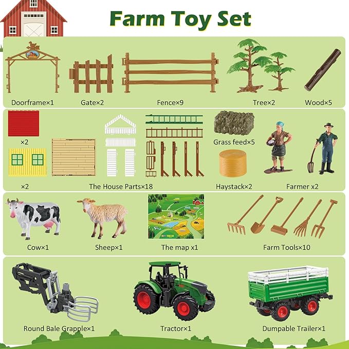 Farm Tractor Playset, 62 Pcs Farm Toy Set for Kids with 1/24 Tractor, Dumpable Traile, Bale Grapple, Big Barn, Farm Life Accessories, Map - Toys for 3+ Year Old Boys Girls
