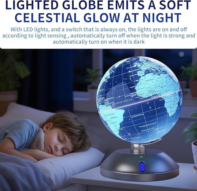 360-degree rotating globe, independently supported by a base, 9-inch design world globe, built-in LED night light, high-definition color visual map details, suitable for children's geography education, study and office decoration, living room decoratio...