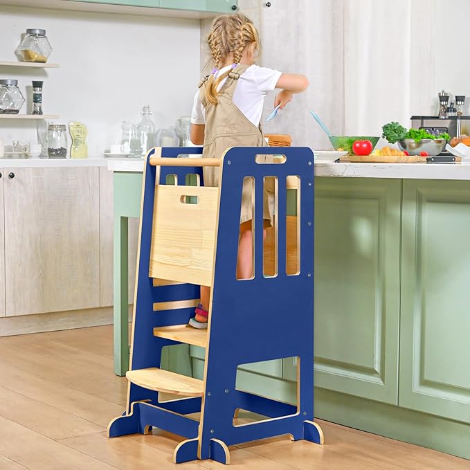 WINGYZ Toddler Kitchen Stool – Adjustable Helper Tower for Kids with Safety Rail, Wooden Standing Step-Up Stool, Sliding Door & Stable Base, Dark Blue