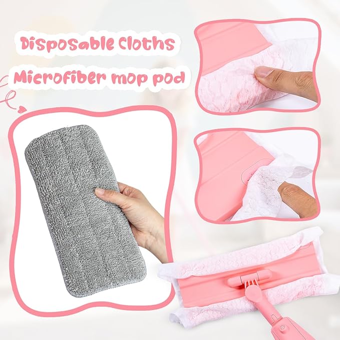 Kids Spray Mop, Pink Mini Mop Set with 2 Microfiber Washable Pads and 10 Disposable Dry Dusting Cloths, Dust Mop for Floor Cleaning, Small Mop for Toddlers Gift