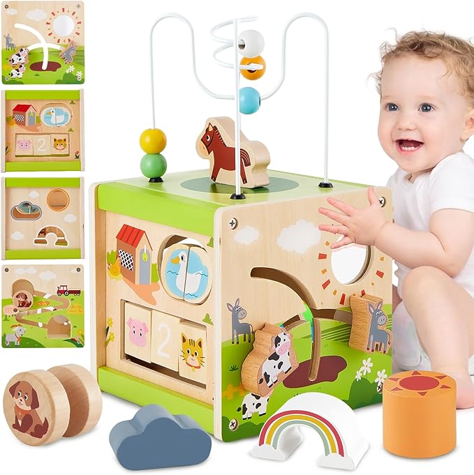 Buyger Wooden Activity Cube Montessori Toy for 1 2 3+ Year Old, 6 in 1 Shape Sorter Sensory Toys Early Learning Educational 1st Birthday Gifts for Kids Baby Boys Girls