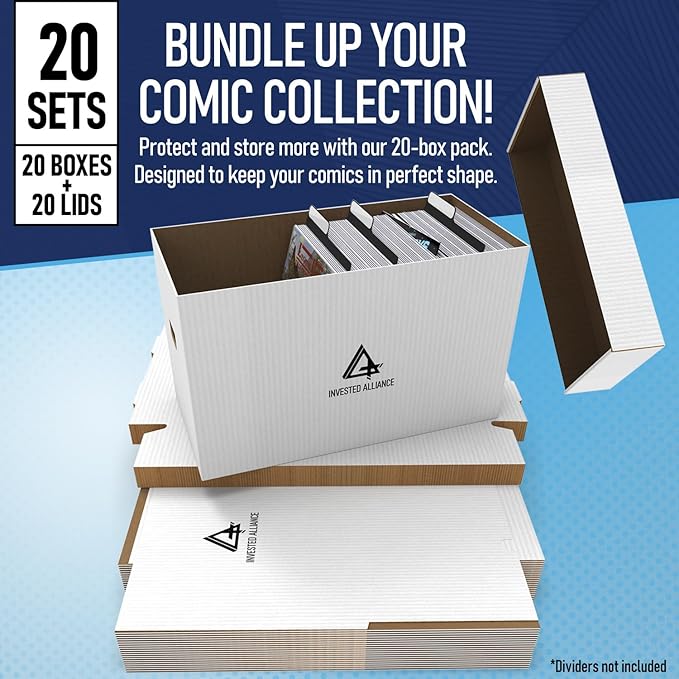 Premium Short Comic Book Storage Box (20 Pack - White). Thick Cardboard Comic Book Box/Cabinet. Comics Books Bin for 150-175 Collectibles. Comics Boxes Storage Case/Cabinet to Showcase Collectibles.