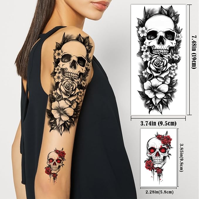 77 Sheets Skull Rose Temporary Tattoos, Lotus Flower Butterfly Half Arm Realistic Fake Tattoos Stickers for Adult Women Men Kids