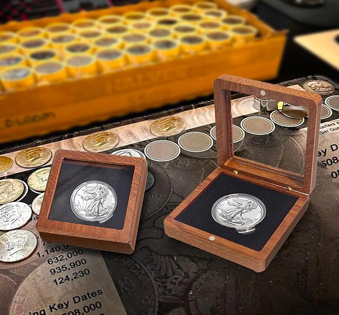Challenge Coin Display Case Silver Dollar Coin Holder 1.8" in Single Coin Display Case Wood Coins Storage Box Coins for Collectors