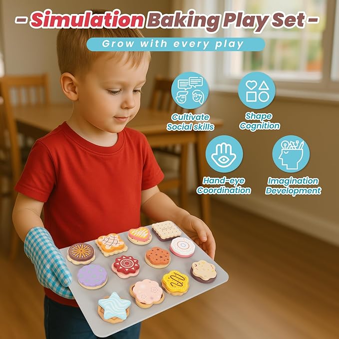 Slice and Bake Wooden Cookie Play Food Set for Kids, Kitchen Toys Food Accessories for Toddlers, Pretend Play Baking Set for 3 4 5 Years Old Girls Boys Birthday Gifts