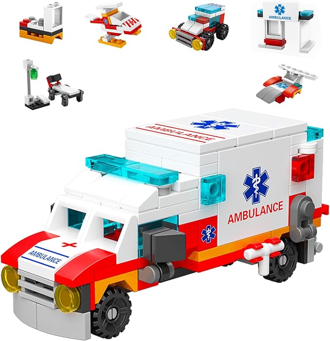Ambulance Building Blocks Toy (122 Pieces) – 7 in 1 Emergency Vehicle Set, STEM Learning Creative Play, DIY Construction Toy for Kids Ages 6-12, Gift for Boys & Girls