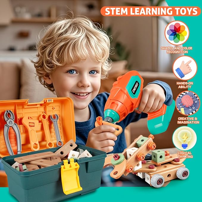 Kids Tool Set with Drill, 148 PCS STEM Building Tools with Storage Box Plastic Todder Tool Set for Boys and Girls Age 3 4 5 6 7 8 Years