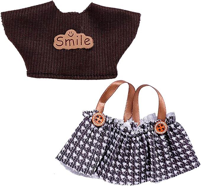 Clothes for 17cm Doll (Clothes Only) – 4-Piece Set with Brown Hat, T-Shirt, Dress, and Canvas Shoes for a Cute and Stylish Look – Fashion Handmade Accessories for 17cm Doll