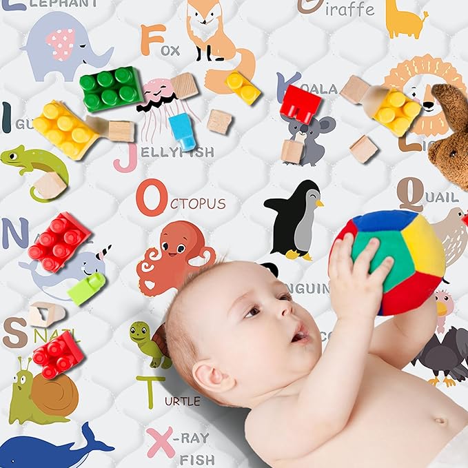 Baby Play Mat，Thick Soft 71" X 59" Playpen mat, Non-Slip and Machine Washable Baby Play Mats for Floor，Crawling Mat for Babies, Toddlers & Infants to Play and Learn (Animal Alphabet-A)