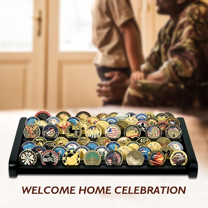8 Rows Wooden Challenge Coin Display Holder for Countertop - 2 Tiers Military Coin Rack Stand Holds 60-70 Coins for Army Police Collectors, Black