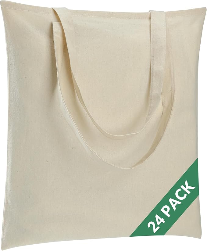 24 Pack Canvas Tote Bag - Lightweight Thin Tote Bags Bulk Blank Shopping Reusable Grocery Bags for DIY Gift Sublimation Activity - Beige
