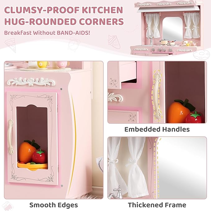Kids Kitchen playset，Wooden Play Kitchen with Realistic Design，Kids Play Kitchen with Plenty of Play Features，Fine Gift for Ages 3+,Pink