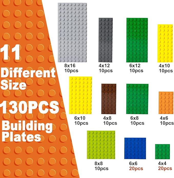 130 Pieces Classic Building Plate, Mixed Color with 11 Size Building Base Plate, Compatible with Lego Parts and Pieces, for Most Brands