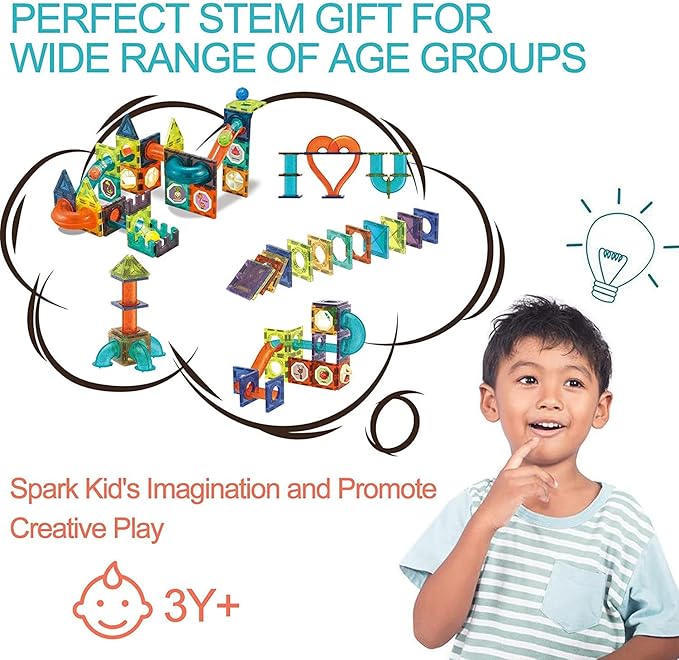 Unique Kids Magnetic Tiles Building Blocks with Marble Run - Engaging STEM/STEAM Toys for Boys and Girls - Perfect Christmas or Birthday Gift (75 pcs)