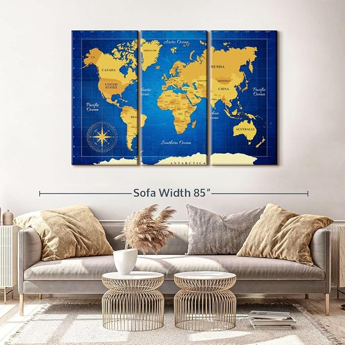 ElephantStock Yellow Longitude World Map Multi Piece Canvas - 3 Panel Wall Decor - Map of the World Art - Canvas for the Office and Home - 65" X 42"