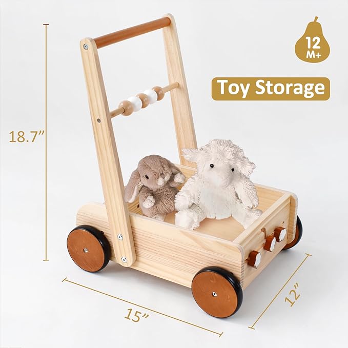 PairPear Wooden Baby Walker Push Toys,Adjustable Speed Nature Wood Push Walkers for Babies Learning to Walk,Toddler Push and Pull Toys Gift for Baby Girls and Boys 1-2