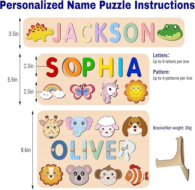 Name Puzzle for Kids Personalized, 1st Birthday Girl and Boy,Custom Baby Easter Gifts with Engraved Text on Back, Montessori Learning Toys for Boy & Girl (Blue Gradient)
