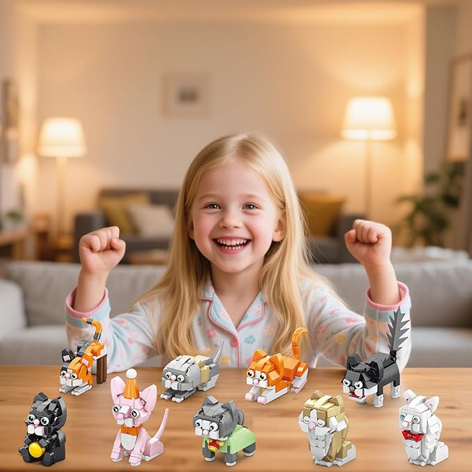 Party Favors Kids Building Blocks Cats 9 Packs Pool Party Favors Building Set for Birthday,Cat Mini Building Sets for Birthday, Classroom Prizes, Easter for Boys and Girls