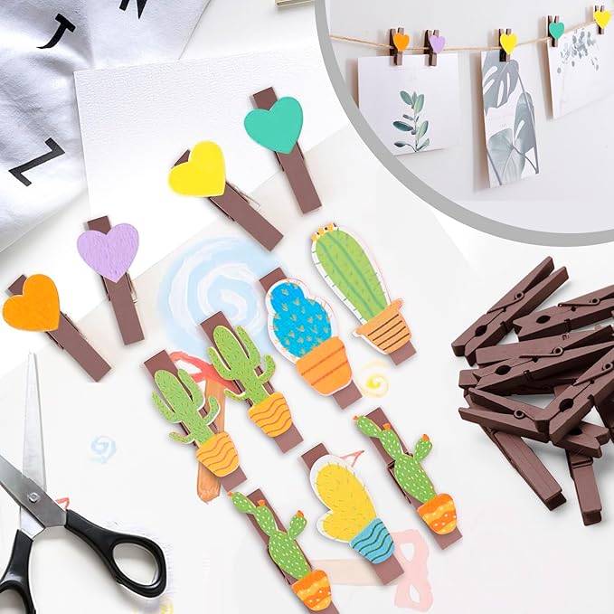50PCS Colored Wooden Clothespins, 2.9inch Brown Clothes Pins for Clip Pictures Photos Decorative, Small Colorful Wood Decoration Closepins Clips