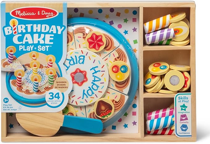 Melissa & Doug Birthday Party Cake - Wooden Play Food with Mix-n-Match Toppings and 7 Candles