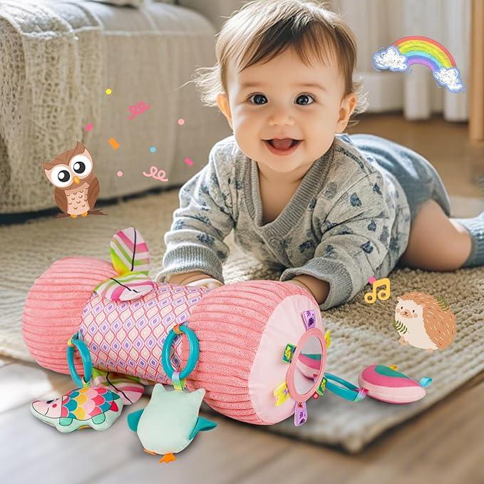 Inflatable Baby Tummy Time Toys Pillow for Newborn, Montessori Baby Sensory Toys Roller with Detachable Mirror, Squeaker, Teether & Rattle, Help with Early Development 3-6 Months (Unicorn)