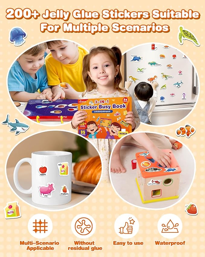 Montessori Busy Book & Tracing Activity Coloring Books & Jelly Stickers 3-in-1 for Toddlers 3-5, Preschool Learning Activities Book with 35 thems ,Autism Sensory Toys, Travel Christmas Birthday Gifts