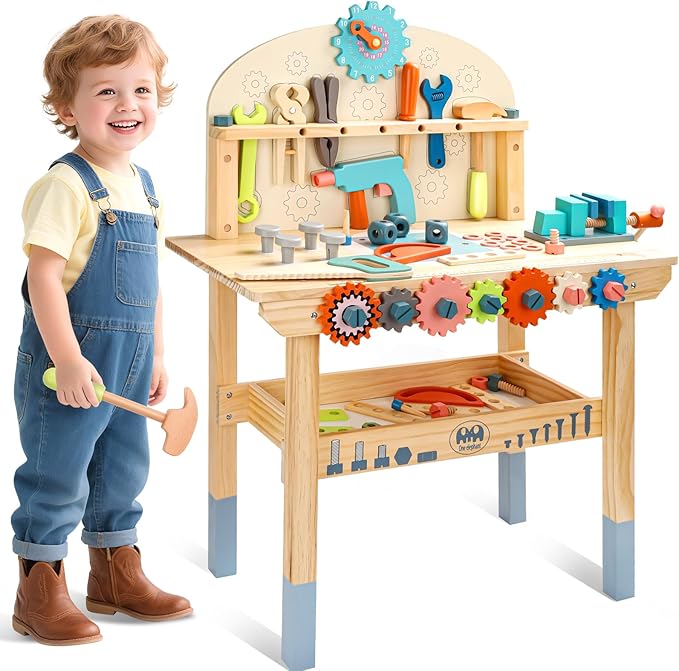 Tool Bench for Kids Toy Play Workbench Wooden Tool Bench Workshop Workbench with Tools Set Wooden Construction Bench Toy for 3 4 5 Year Old Boys and Girls