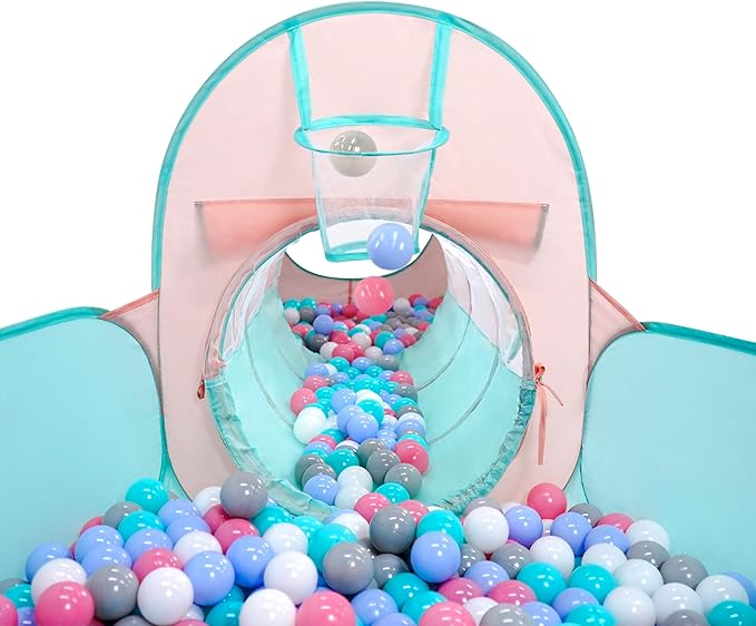 3 in 1 Pop Up Kids Play Tent with Tunnel and Ball Pit for Kids, Boys, Girls, Babies and Toddlers, Indoor/Outdoor Playhouse,Orange Pink/Light Green