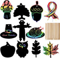 Naturahand 50 Rainbow Scratch Paper with 10 Wooden Scratch Sticks and 50 Red String, Turkey Shaped Scratch Off Cards for Thanksgiving Day DIY Decorations and Art Party Favors(H-3)
