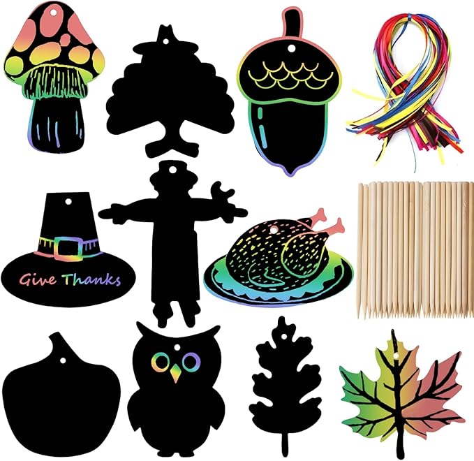 Naturahand 50 Rainbow Scratch Paper with 10 Wooden Scratch Sticks and 50 Red String, Turkey Shaped Scratch Off Cards for Thanksgiving Day DIY Decorations and Art Party Favors(H-3)