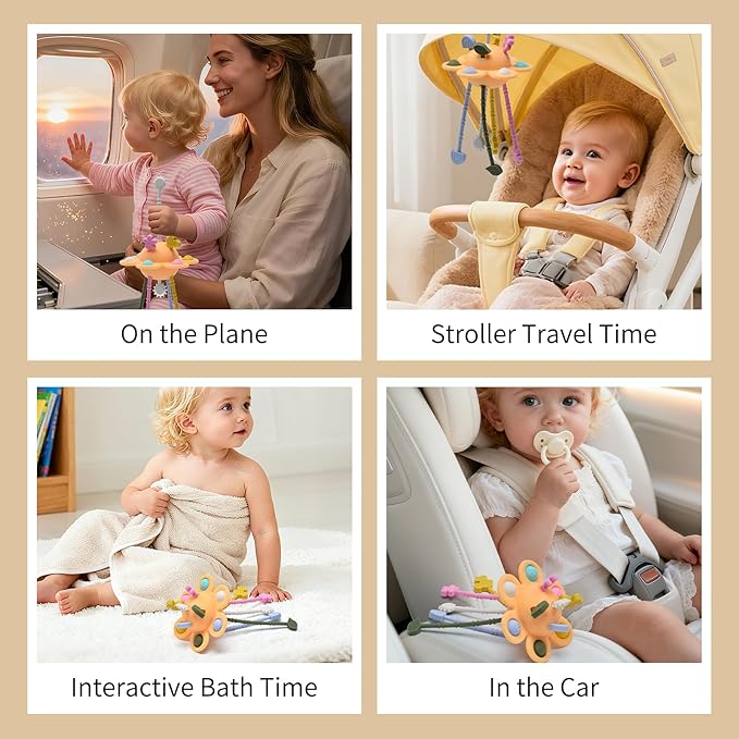 Silicone Baby Sensory Montessori Toys & Pull String Teething Toys for 6-12-18 Months, Toddler Birthday Gift Car Seat Airplane Travel Toy for 1 2 Year Old Boy Girl Infant 8 9 10 Months Old (Orange)