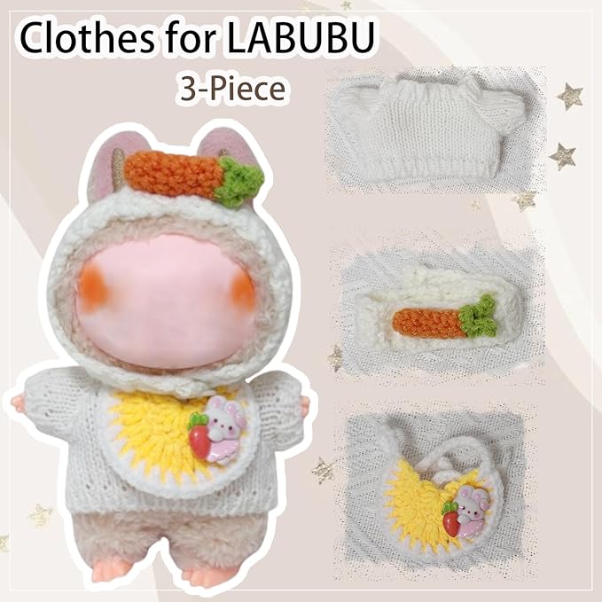 Clothes for Labubu 17cm Labubu Accessories Crochet 3 Piece Set Outfits for Labubu(Carrot)