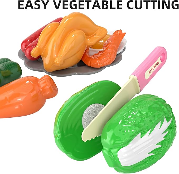 TEMI Pretend Food Kitchen Toys for Girls Age 3 4 5 6 7 8 - Kitchen Accessories Platset with Sound and Light, Cutting Food Toy, Pretend Play for Kids, Indoor Outdoor Cooking Set, Birthday Gifts 8-9