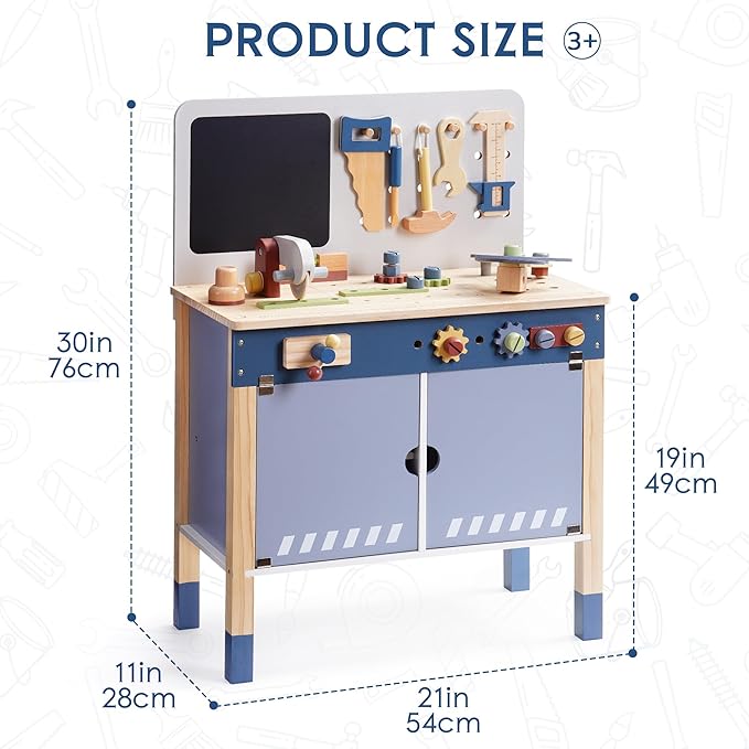 ROBOTIME Kids Tool Bench, Wooden Tool Workbench for Toddler, Tool Bench with Play Tools Set and Large Storage Space, Toy Workbench Workshop for Boys and Girls, Gift for Ages 3+