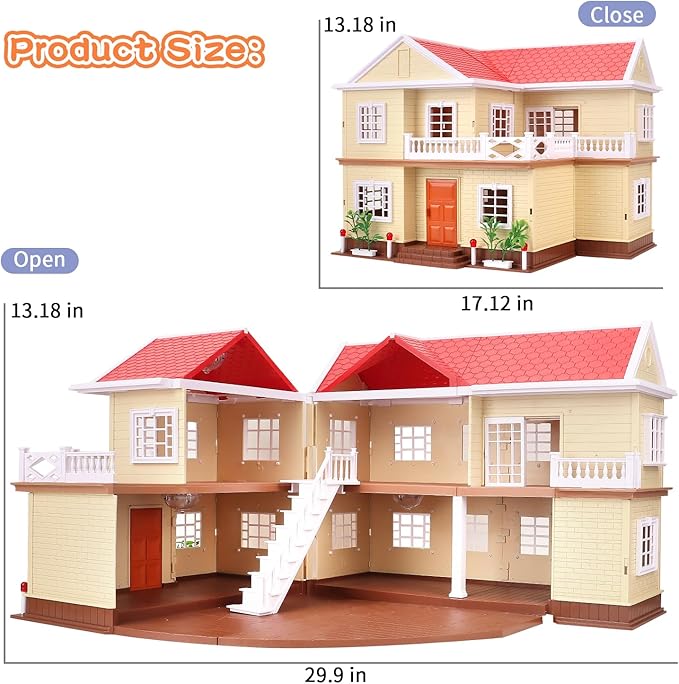 Family Cozy Cabin Doll House Playset, Dollhouse Furniture and Accessories,DIY Cottage Pretend Play Dollhouses, for Toddlers, Boys & Girls
