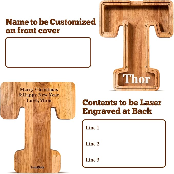 Summidate Customized Name Large Wooden Piggy Bank for Kids Boys Girls Alphabets Letter A-Z Coins Bills Money Change Bank Box Initial on Clear Cover (Laser Engraved) (Alphabet-T, Personalized-9")