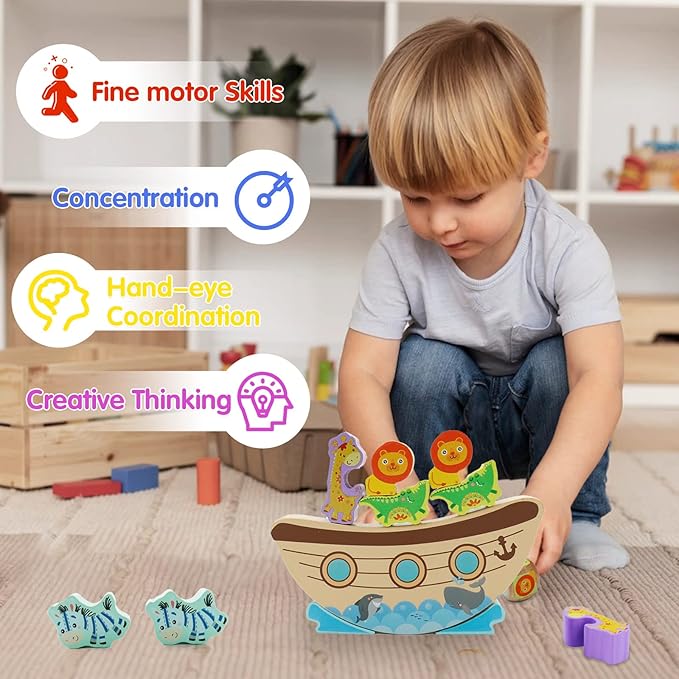 Board Games for Kids & Adults, Noah's Ark Wooden Balance Stacking Toys, Team Building Blocks STEM Toy, Fine Motor Stacking Balance Game, Baptism Easter Birthday Gift for Boys Girls