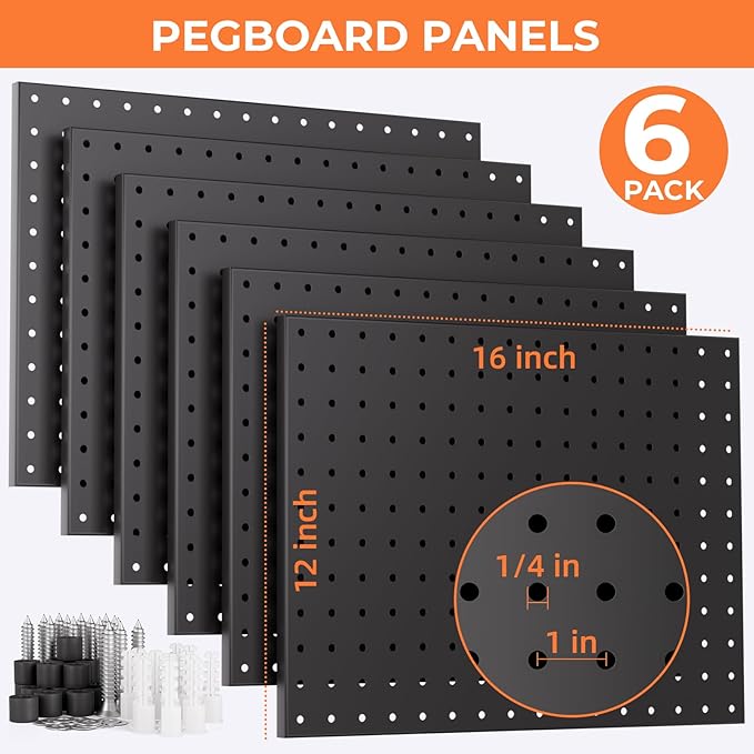 INCLY 90PCS Pegboard Wall Organizer, 6 Pack Metal Peg Board Panels with 1/4" Pegboard Hooks Accessories Kit, Black Peg Board for Walls Home, Garage Tool Storage, Workbench Organization