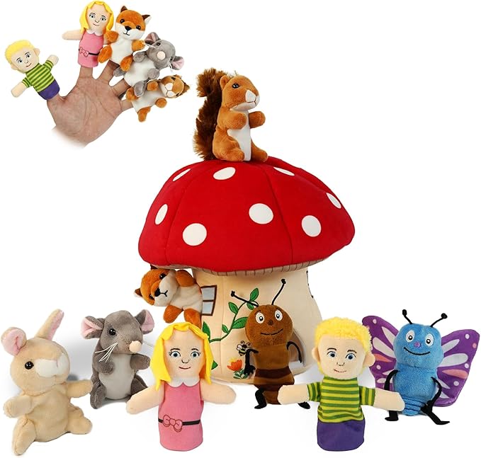 9 Pcs Finger Puppets Set Mini Toys, Soft Plush Insect Animal Finger Puppet for Kids Mini Stuffed Animals with Mushroom House,Finger Puppets for Toddlers Storytelling Role-Playing Christmas School