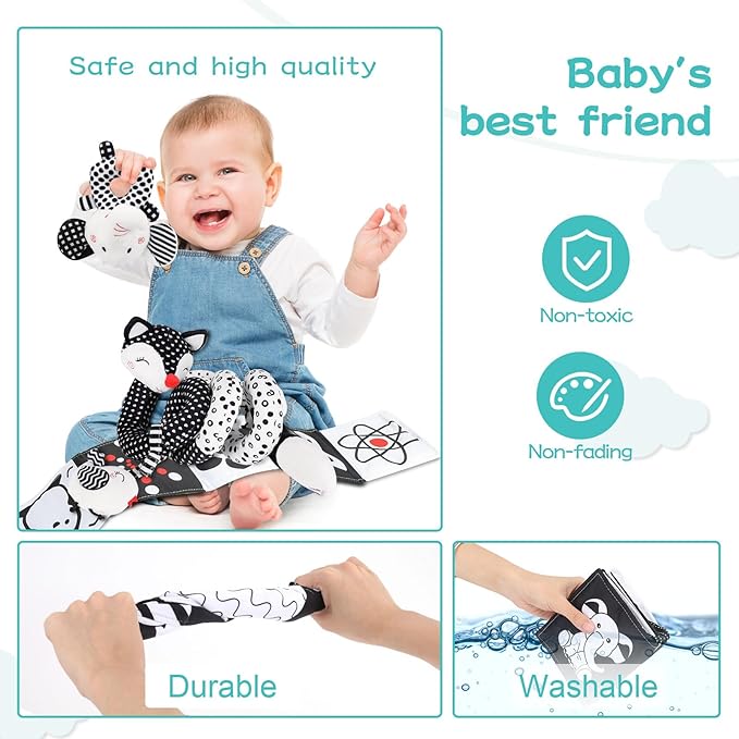 High Contrast Black and White Baby Toys 3-Piece Newborn Essentials Set with Hanging Toys,Rattle Crib Mobile,Baby Book & Car Seat Stroller Toys for 0-3-6-12 Months Infant Development