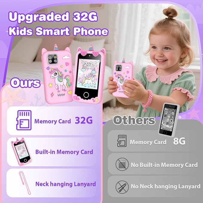 Kids Smart Phone for Girls Christmas Birthday Gifts for Girls Age 3 4 5 6 7 8 9 10 Kids Toys Smart Cell Phone 2.8" Touchscreen Built-in 32G SD Card Dual Camera 28 Toddler Learning Games Music Player