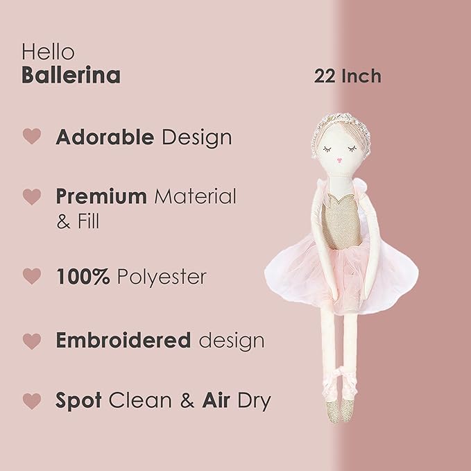 MON AMI Ballerina Stuffed Doll - 22”, Plush Ballerina Doll for Girls, Use as Toy or Room Decor, Great Gift for Kids of All Ages