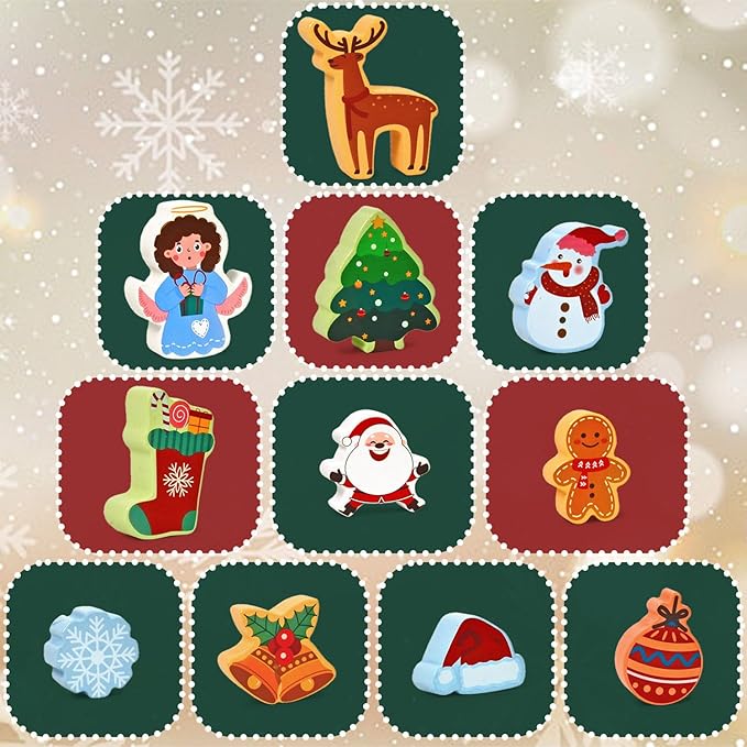 Vileafy Christmas Toys for Toddlers and Kids Gifts, Xmas Wooden Stacking Toys -12 Play Figure Playsets -Santa Claus, Snowman, Reindeer & Gingerbread Man for Stocking Stuffers