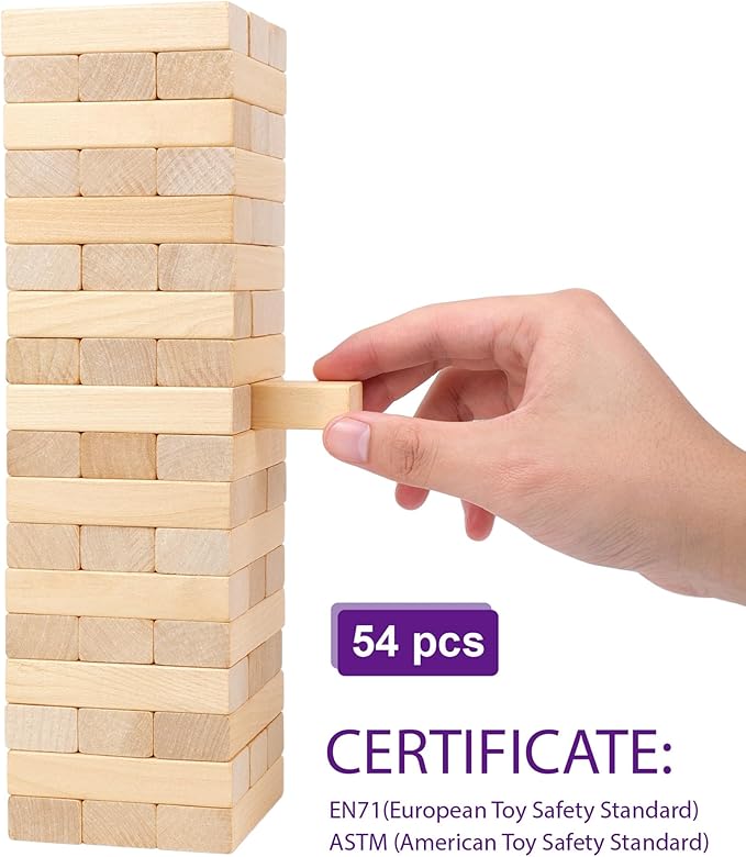 GOTHINK Tumble Tower Game for Kids and Adults, 54pcs Wooden Board Stacking Game for Family Games Night, Classical Wood Blocks Game, Standard Size with Storage Bag