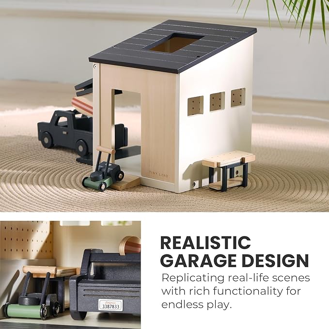 Tiny Land Wooden Dollhouse Garage Set – Realistic Design with Garage, Workbench,Lawn Mower & SUV Car, Expansion Dollhouse Furniture & Accessories for Doll house, Educational Pretend Play Gift for Kids